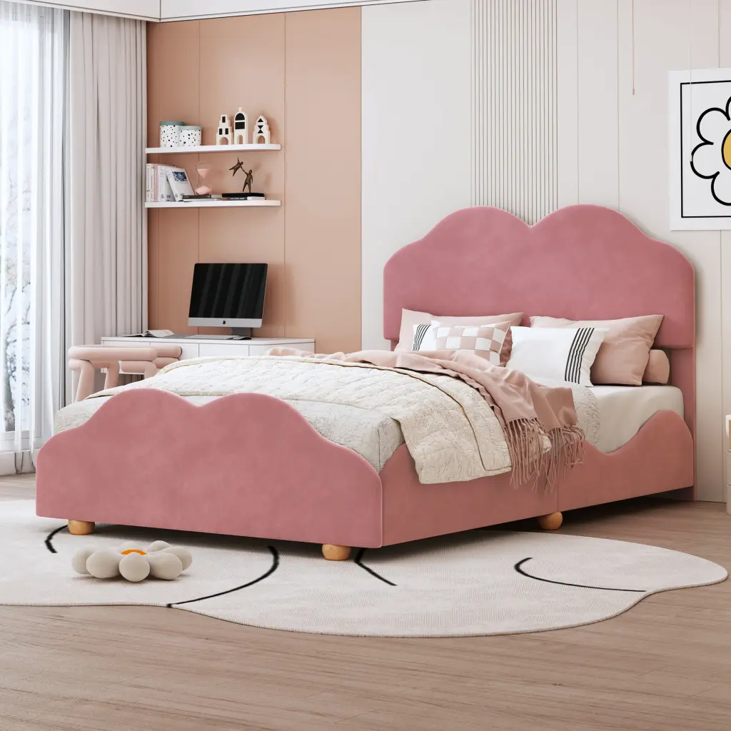 Full Upholstered Platform Bed Cloud-Inspired Bed Board Dark Finish lucky world