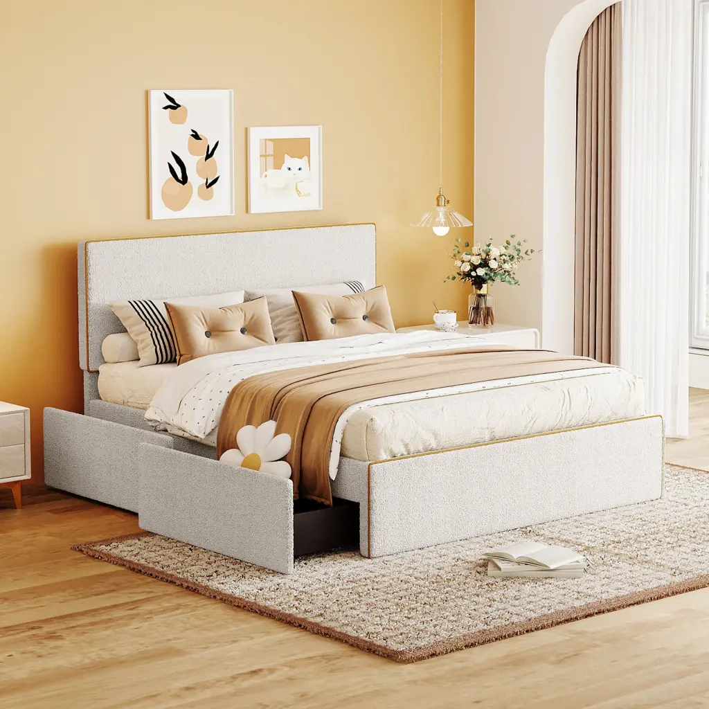Full Upholstered Platform Bed 4 Drawers Golden Edge Storage Bed Frame lucky world