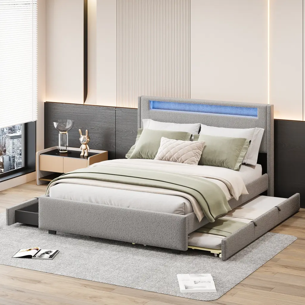 Full Upholstered Platform Bed LED Frame Twin Storage lucky world