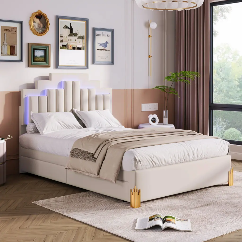 Full Upholstered Platform Bed LED Lights And 4 Drawers lucky world