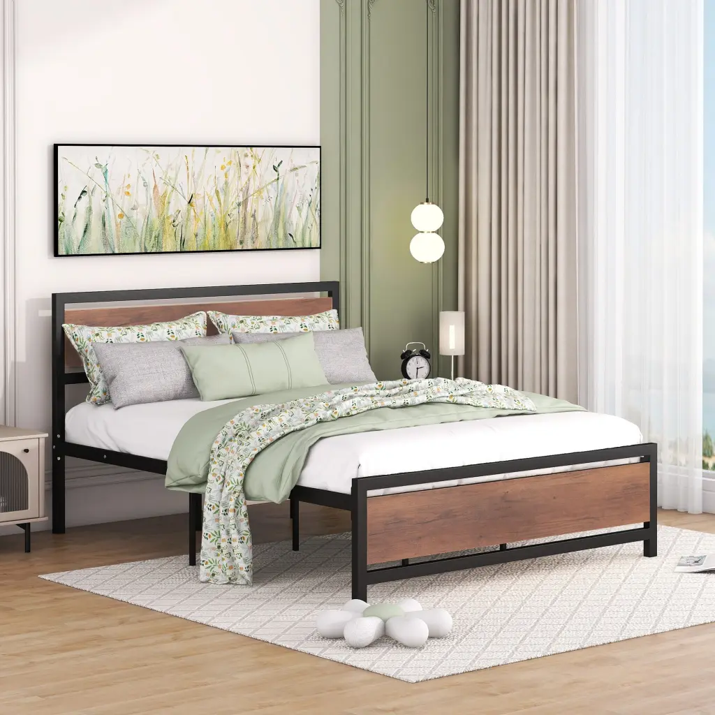 Queen Dimensions Platform Bed, Metal And Wood Bed Frame Headboard And Footboard - Modern Bed Frame lucky world