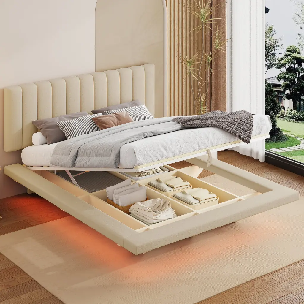 Queen Dimensions Upholstered Floating Bed LED Light And USB Port, Velvet lucky world