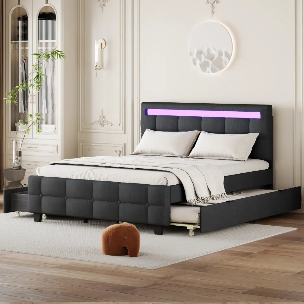 Queen Dimensions Upholstered Platform Bed LED Frame Modern Bedroom Furniture lucky world