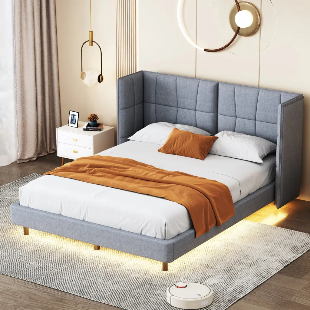 Queen Dimensions Upholstered Platform Bed Led Lights And U Influenced Headboard - Luxury Bed Frame lucky world