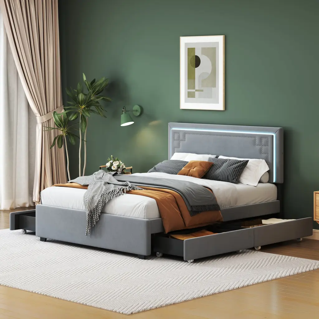 Queen Dimensions Upholstered Platform Bed Rivet Decorated Headboard Luxury Design lucky world