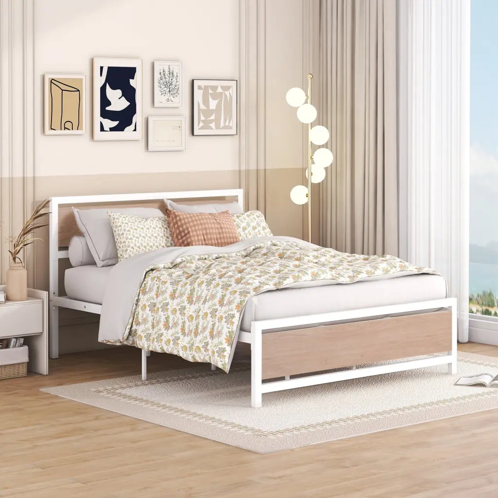 Queen Size Platform Bed Frame Headboard - Metal and Wood Construction lucky world