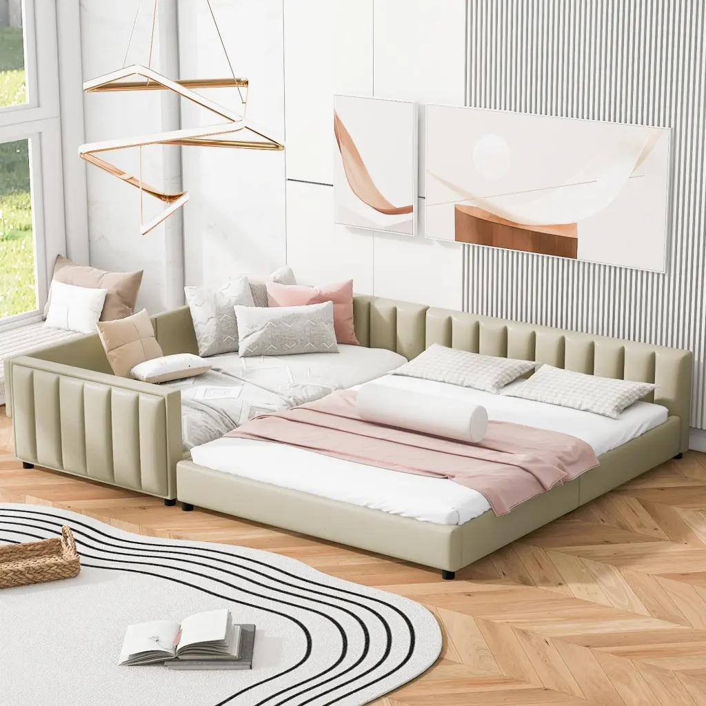 Queen Size & Twin XL Size Upholstered Platform Bed Mother & Child Bed lucky world