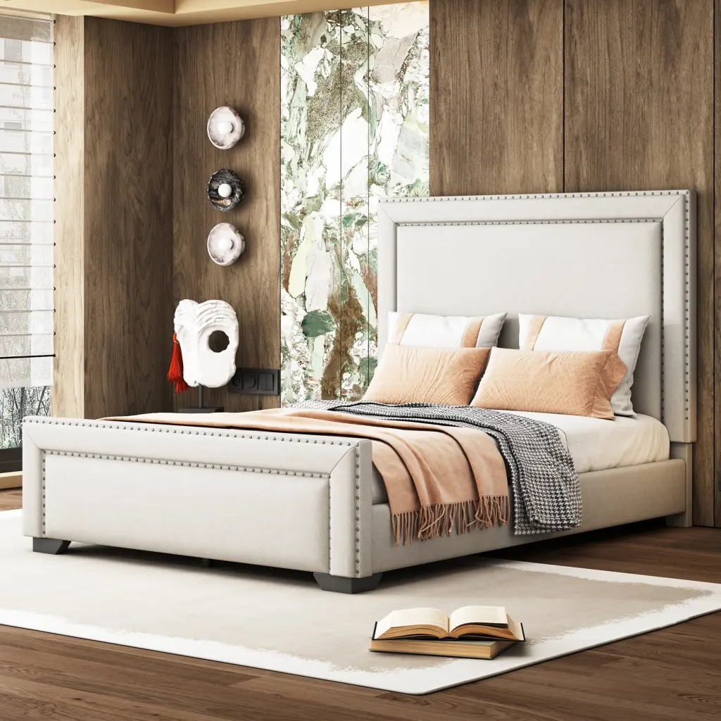 Queen Size Upholstered Bed Wooden Slats Modern Platform Bed Frame lucky world