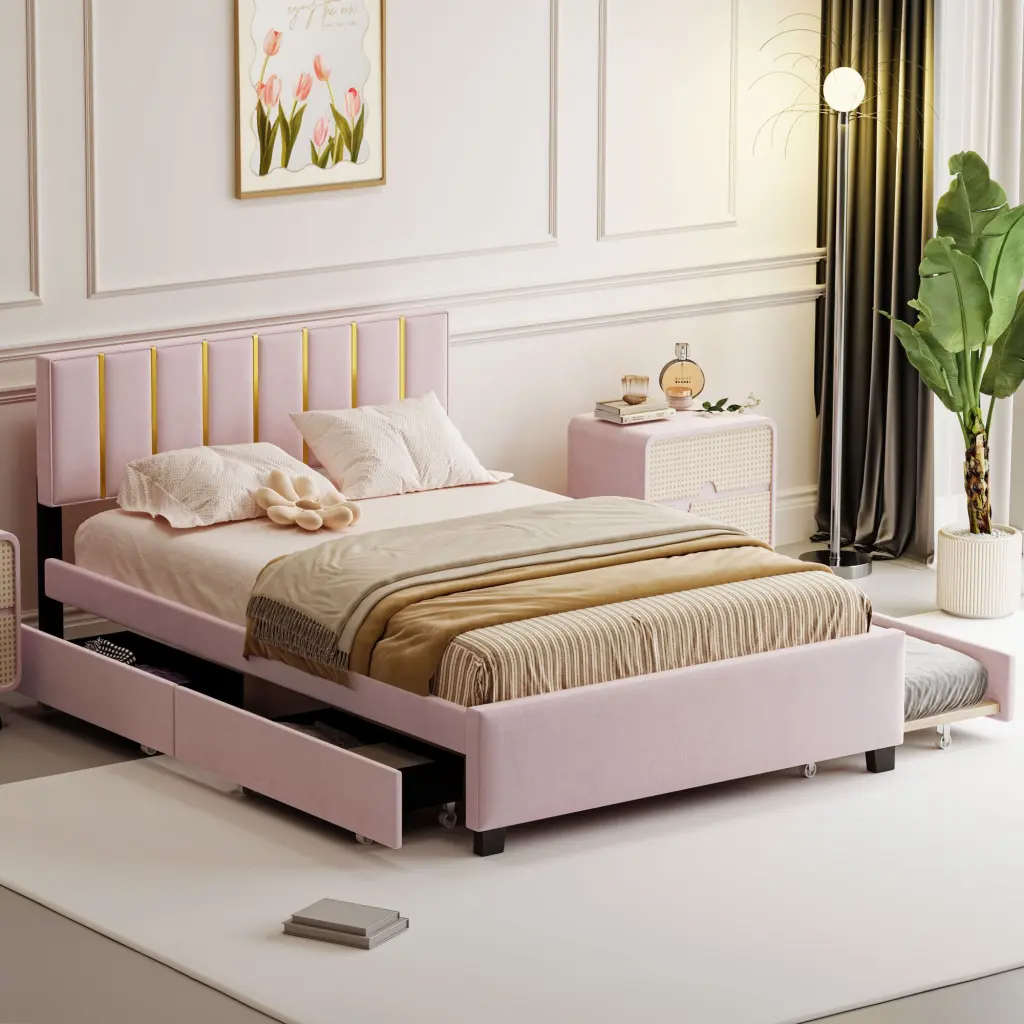 Queen Size Upholstered Platform Bed 2 Drawers And Trundle Classic lucky world