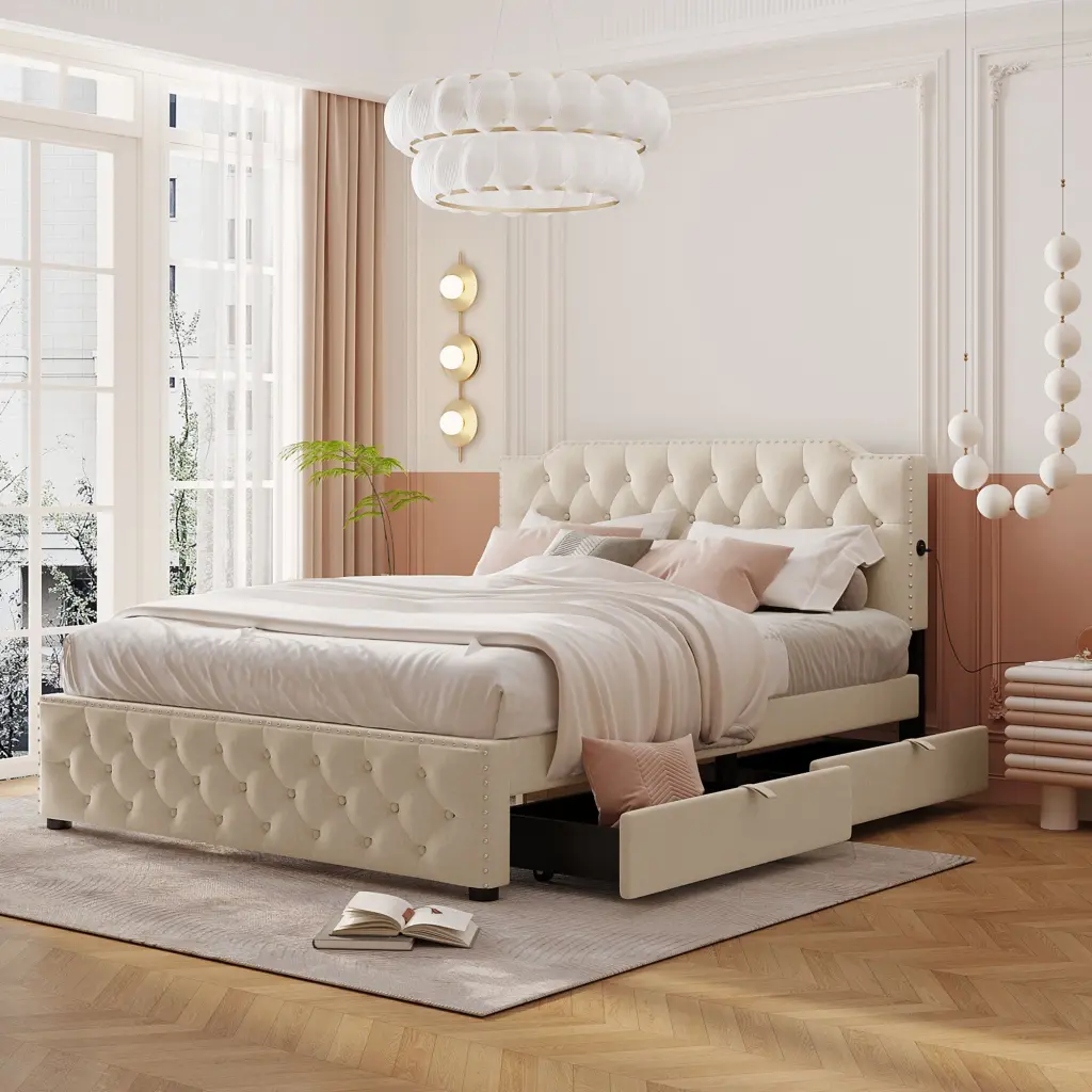 Queen Size Upholstered Platform Bed 2 Drawers and 2 USB Ports lucky world