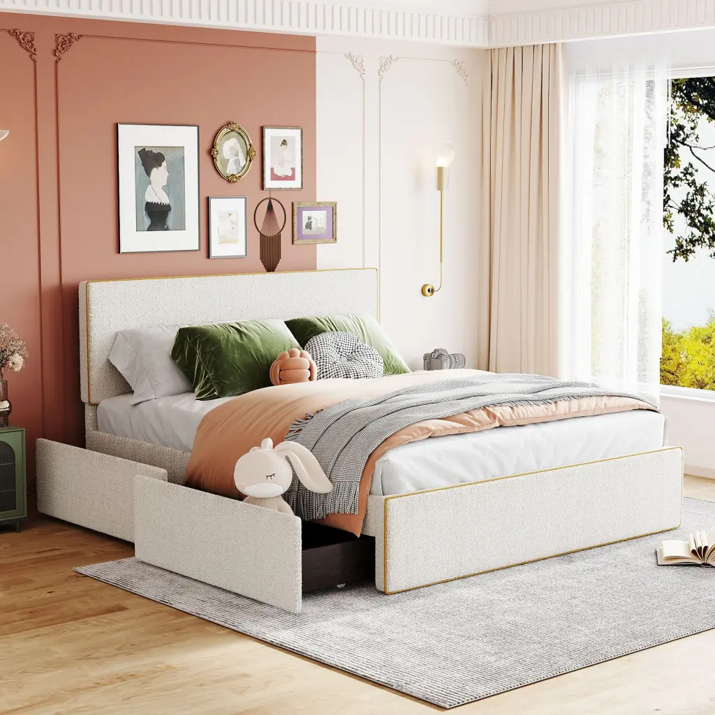 Queen Size Upholstered Platform Bed 4 Drawers and Golden Edge Headboard lucky world