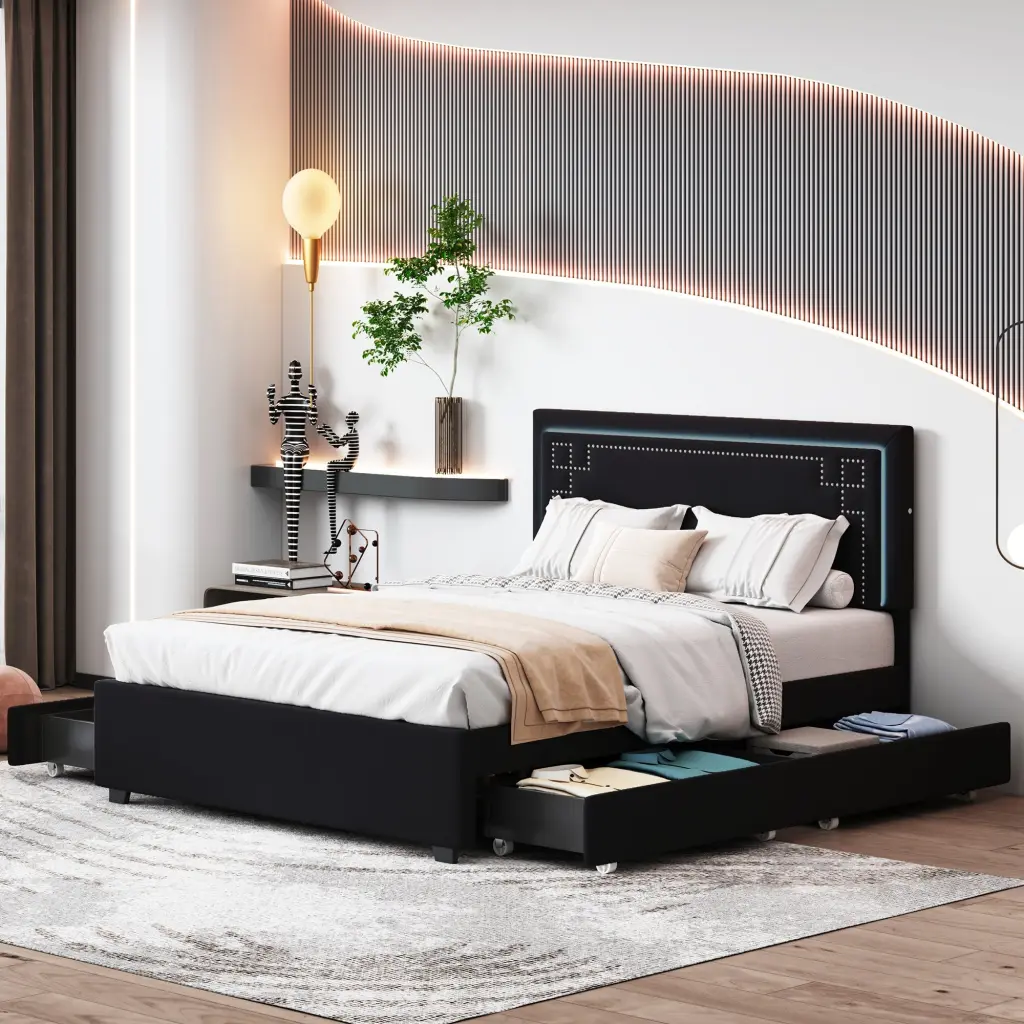 Queen Size Upholstered Platform Bed Rivet Decorated Headboard And Leather Finish lucky world