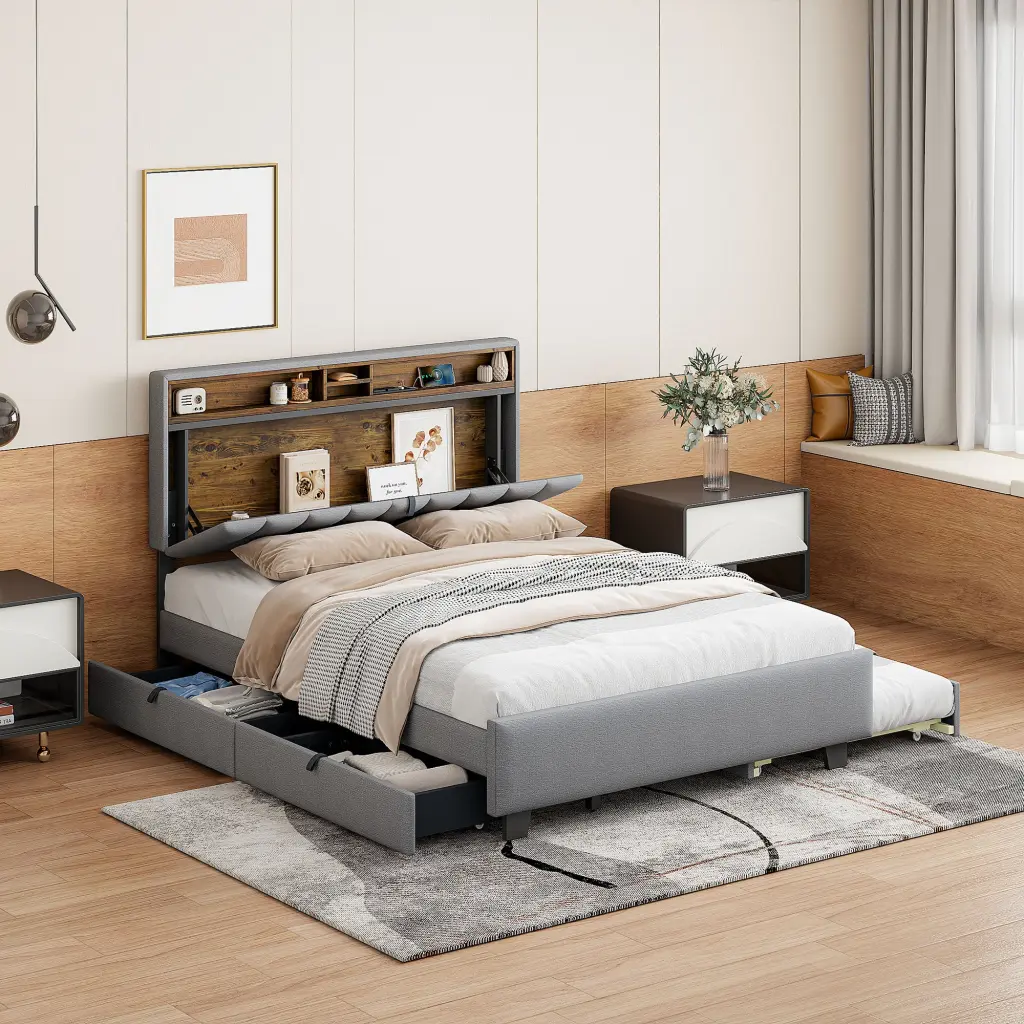 Queen Size Upholstered Platform Bed Storage Headboard And Twin XL Size Option lucky world