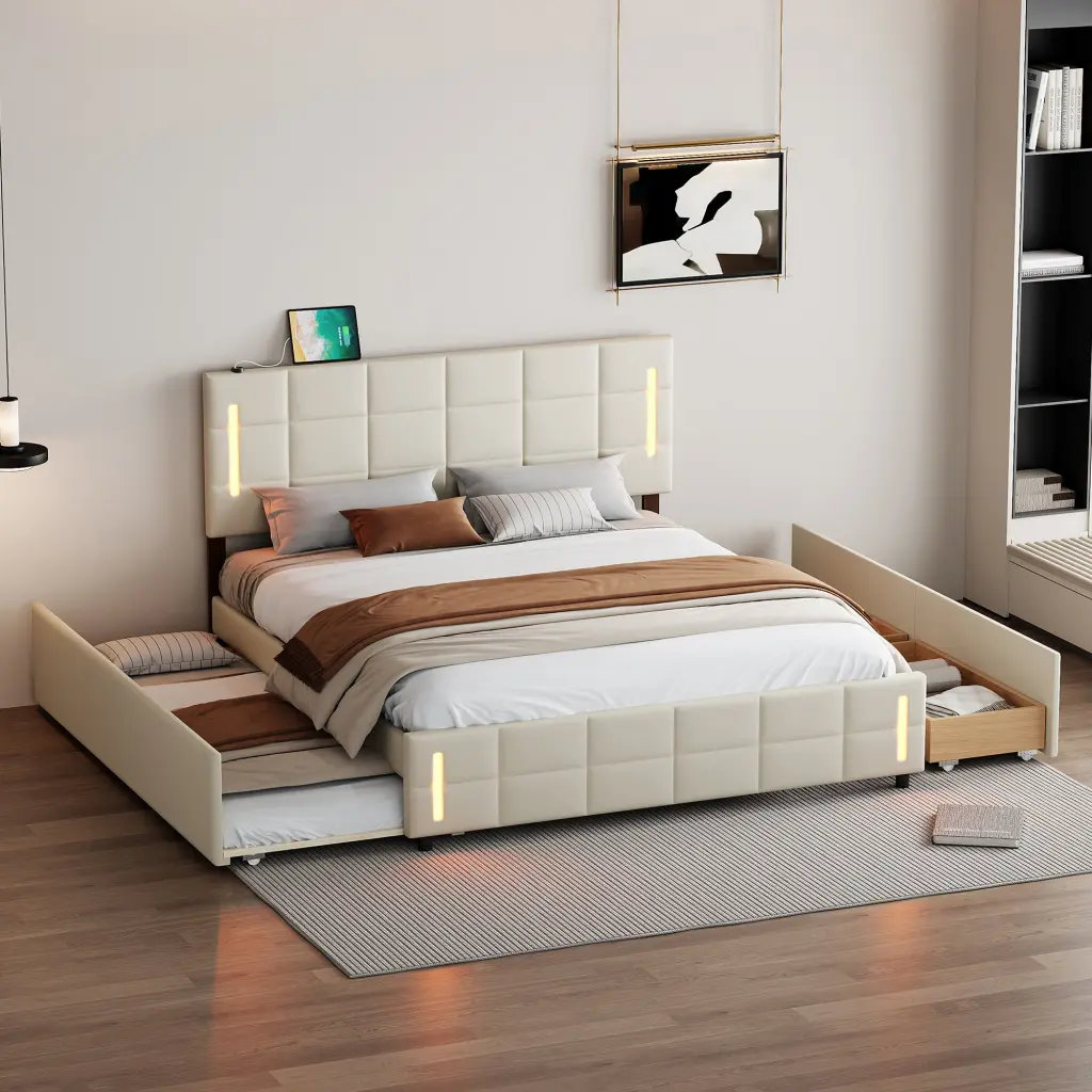 Queen Size Upholstered Platform Bed Trundle And Drawers Beige Storage Bed lucky world