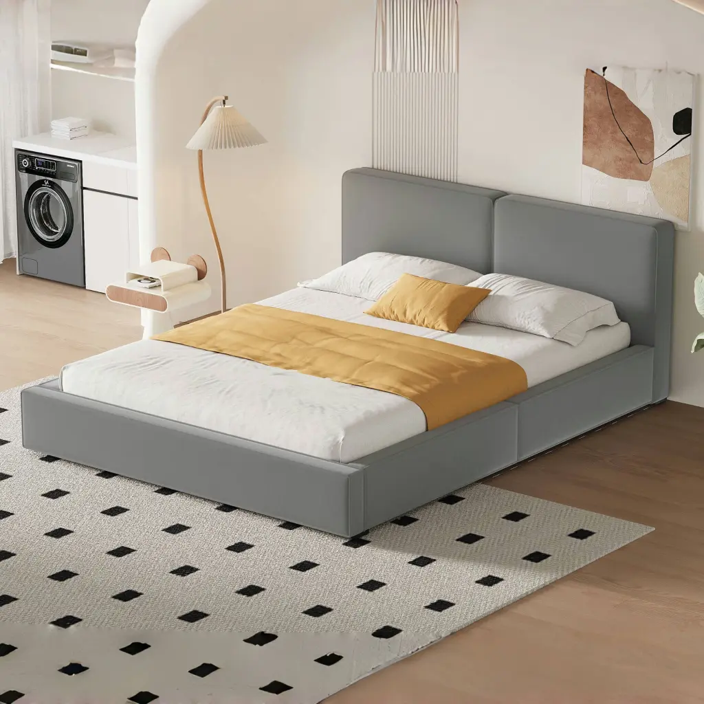 Queen Size Upholstered Platform Bed Velvet Material Grounded Bed Frame lucky world