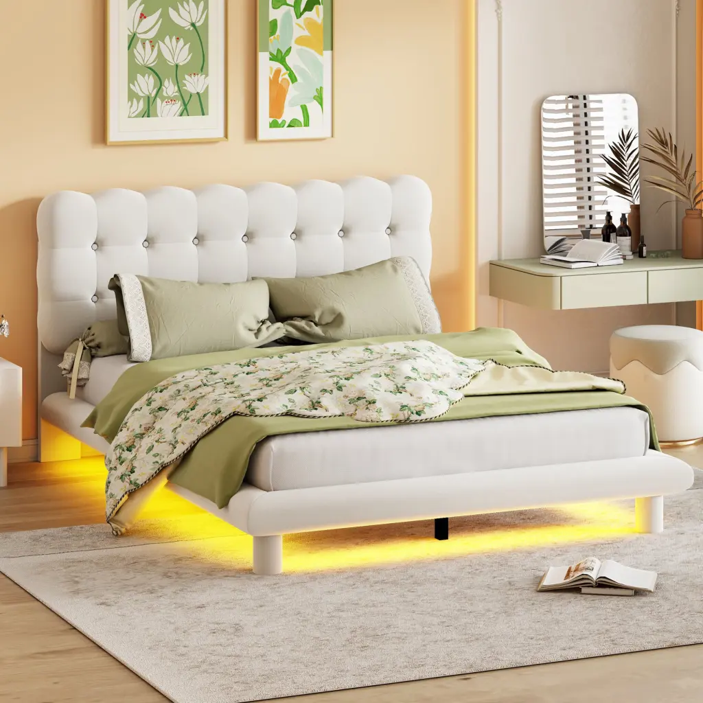 Queen Size Velvet Platform Bed LED Frame Thick Soft Material lucky world