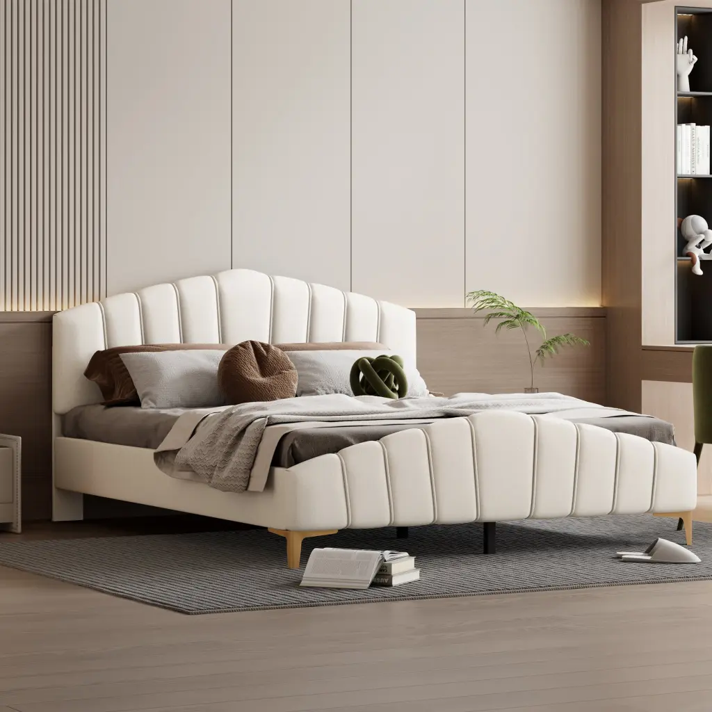 Queen Size Velvet Platform Bed Thick Material Chic Stripe Decor lucky world