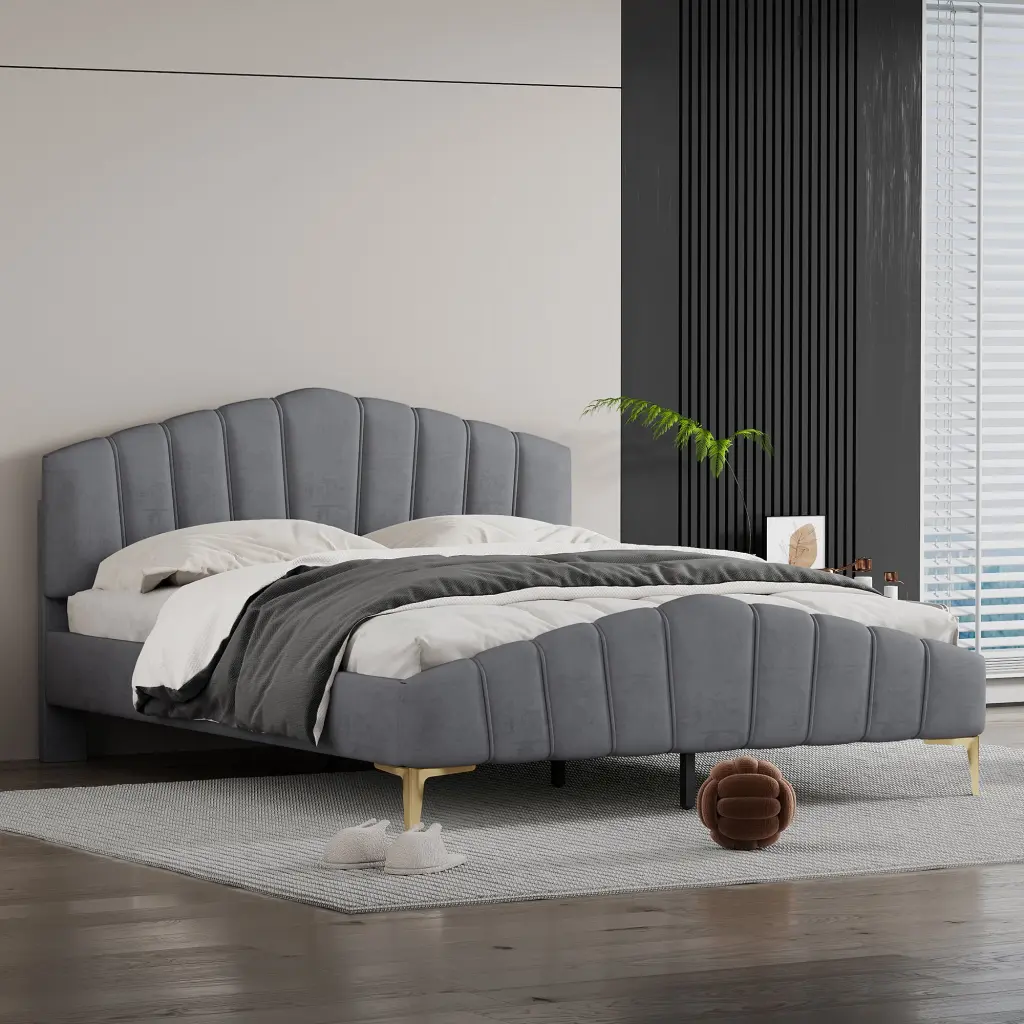 Queen Size Velvet Platform Bed Thick Material and Chic Stripe Decor lucky world