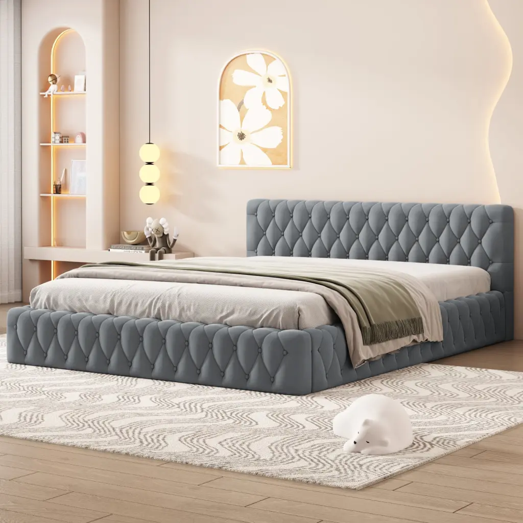 Queen Size Velvet Upholstered Platform Bed Opulent Diamond Grid Headboard lucky world