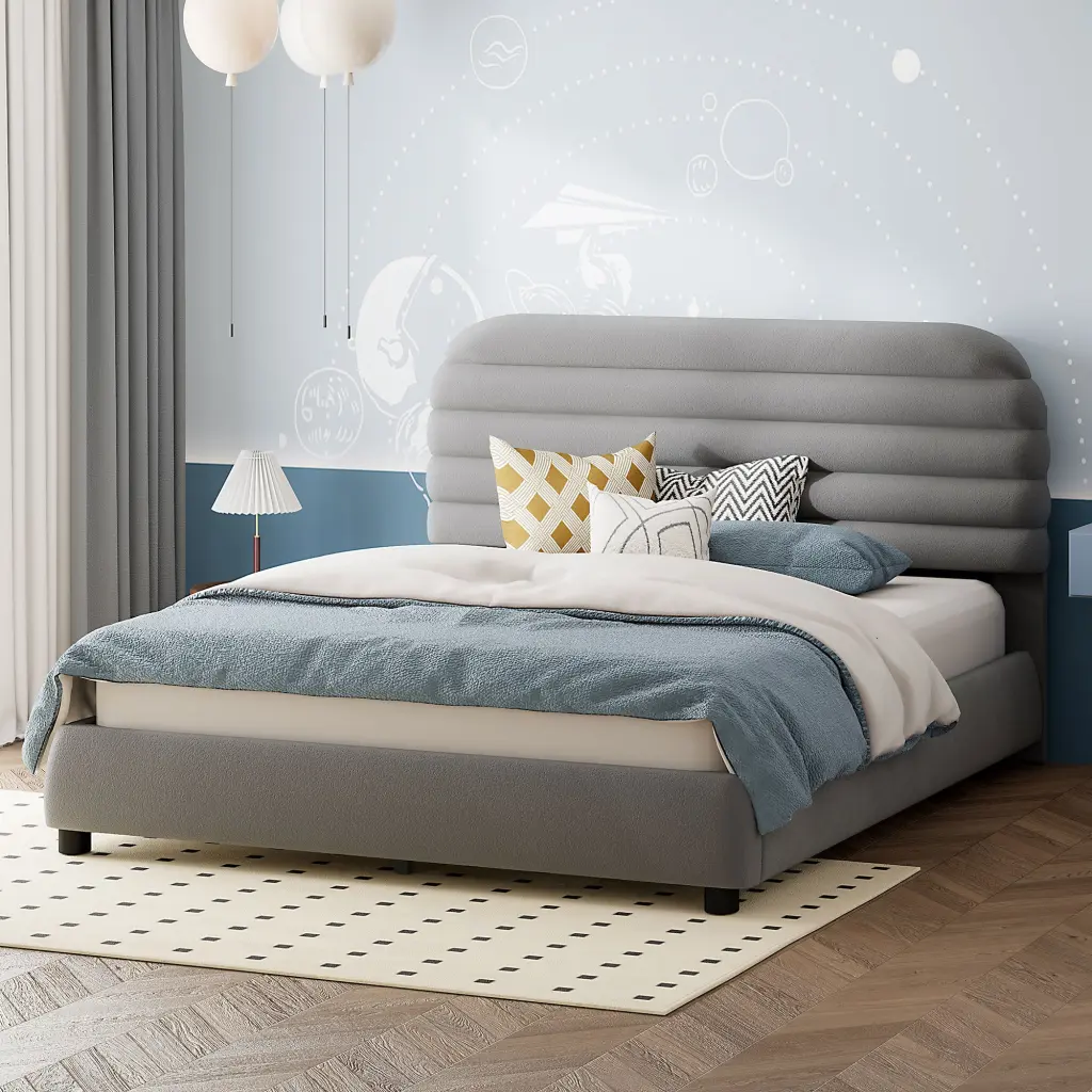 Queen Size Velvet Upholstered Platform Bed Solid Frame and Chic Design lucky world