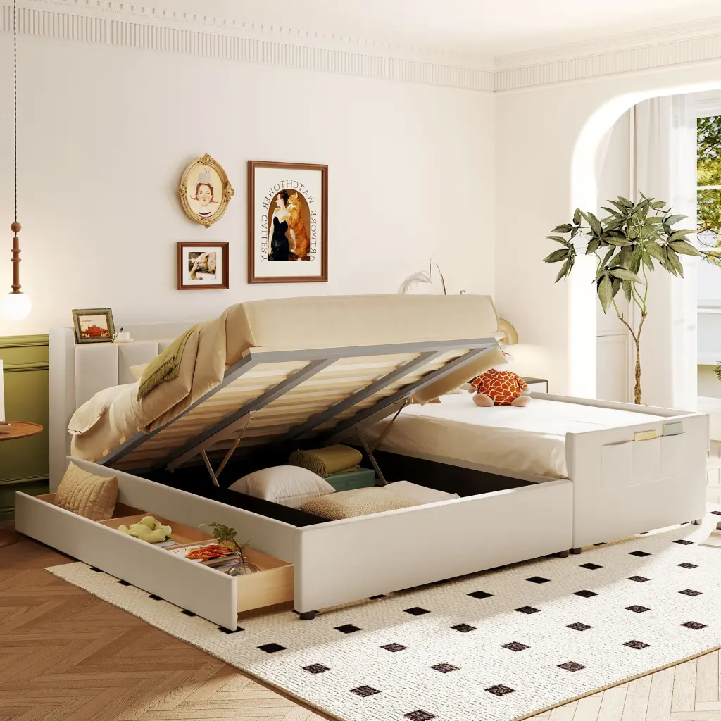 Queen Twin XL Upholstered Platform Bed Mother & Child Bed Design lucky world