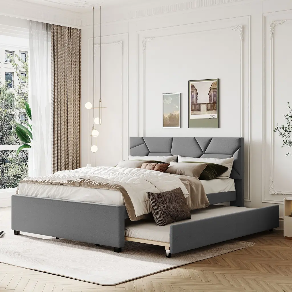 Queen Upholstered Platform Bed Brick Pattern Headboard lucky world