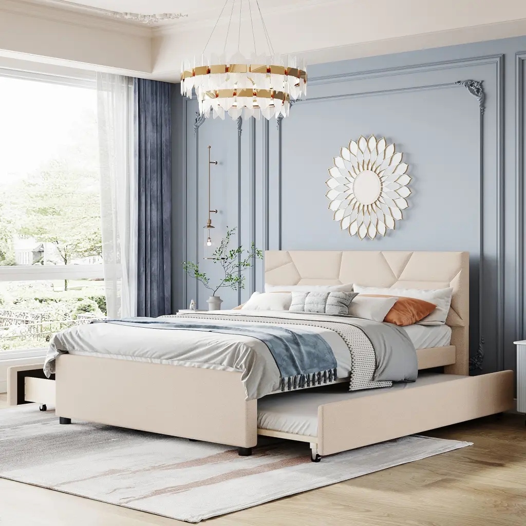 Queen Upholstered Platform Bed Brick Pattern Headboard lucky world