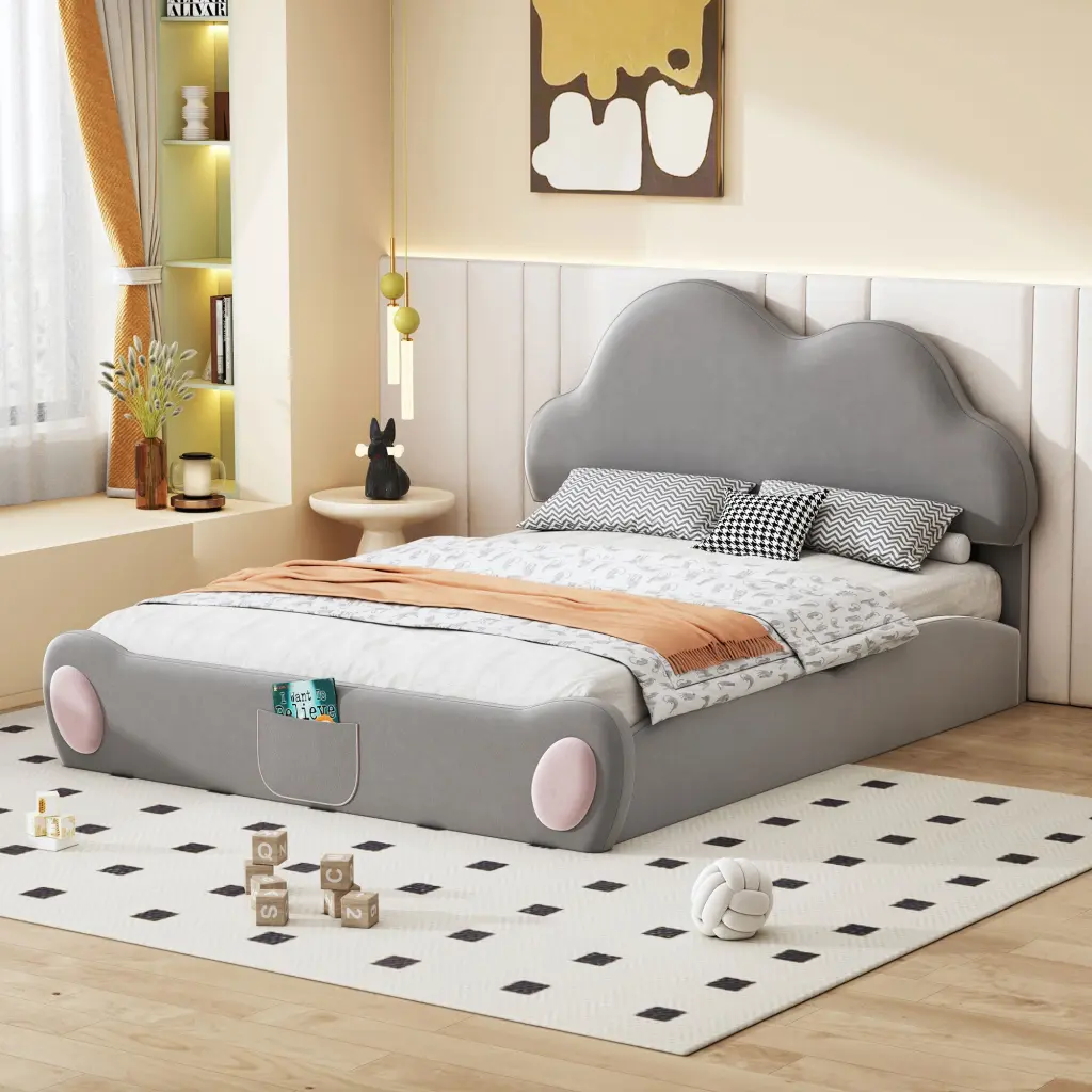 Queen Upholstered Platform Bed Cloud Shaped Headboard lucky world