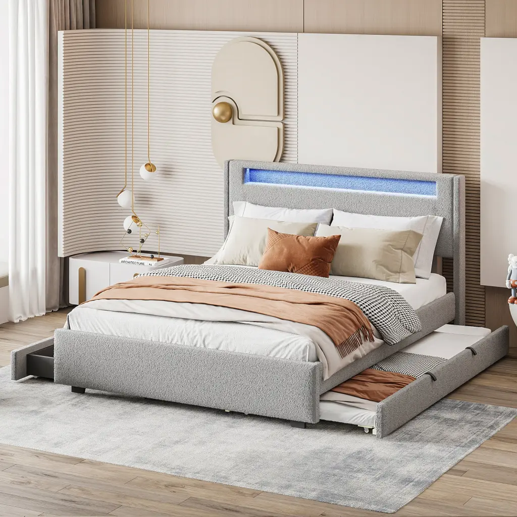 Queen Upholstered Platform Bed LED Frame Twin XL Dimensions lucky world