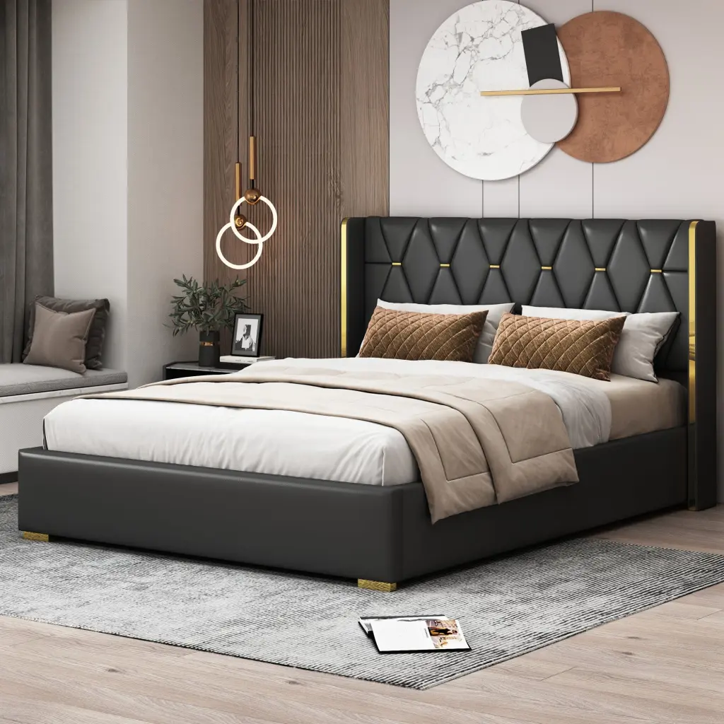 Queen Upholstered Platform Bed Metallic Strips Black Modern Bed Frame lucky world