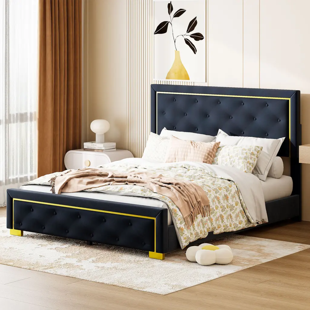 Queen Upholstered Platform Bed Pull Point Headboard and Metal Legs lucky world