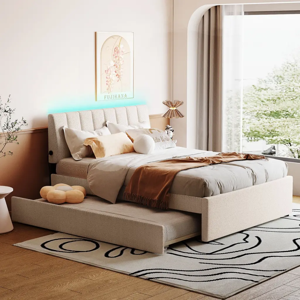Teddy Fleece Full Upholstered Platform Bed Trundle Beige lucky world