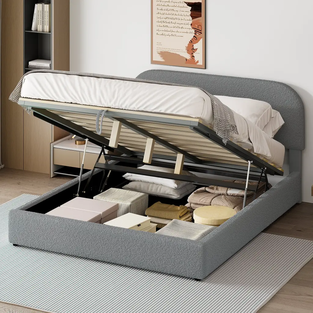 Teddy Fleece Queen Size Upholstered Platform Bed Hydraulic Storage lucky world