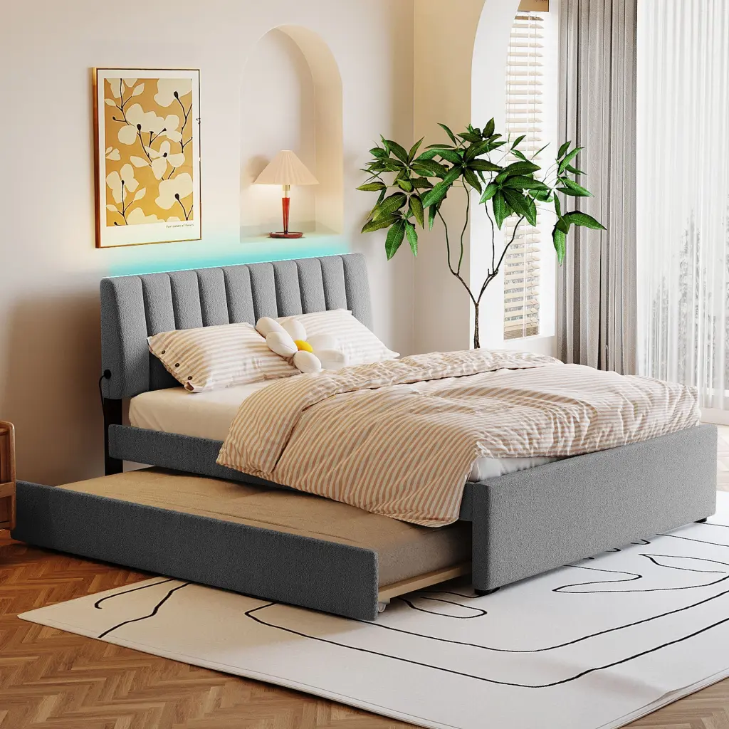 Teddy Fleece Queen Size Upholstered Platform Bed Twin XL Trundle lucky world