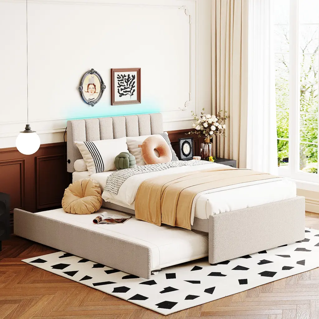 Teddy Fleece Twin Dimensions Upholstered Platform Bed Trundle Beige Twin Bed Kids lucky world