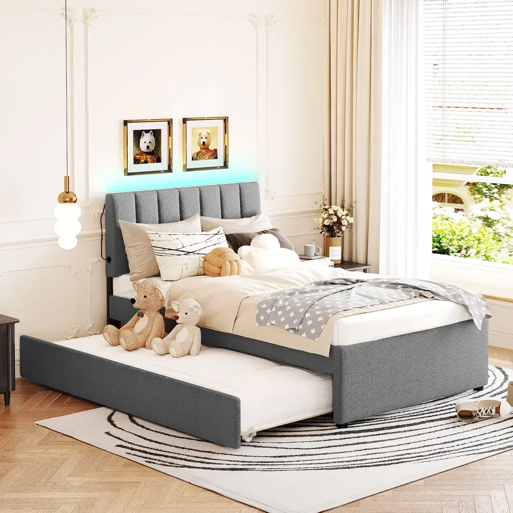 Teddy Fleece Twin Size Upholstered Platform Bed Trundle Gray lucky world