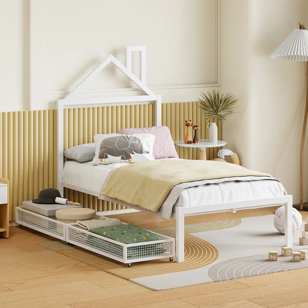 Twin Dimensions Metal Platform Bed Two Drawers and Headboard lucky world
