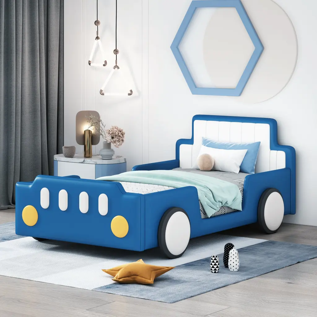 Twin Dimensions Race Car Shaped Platform Bed Wheels Blue PU Leather Kids Bed Frame lucky world