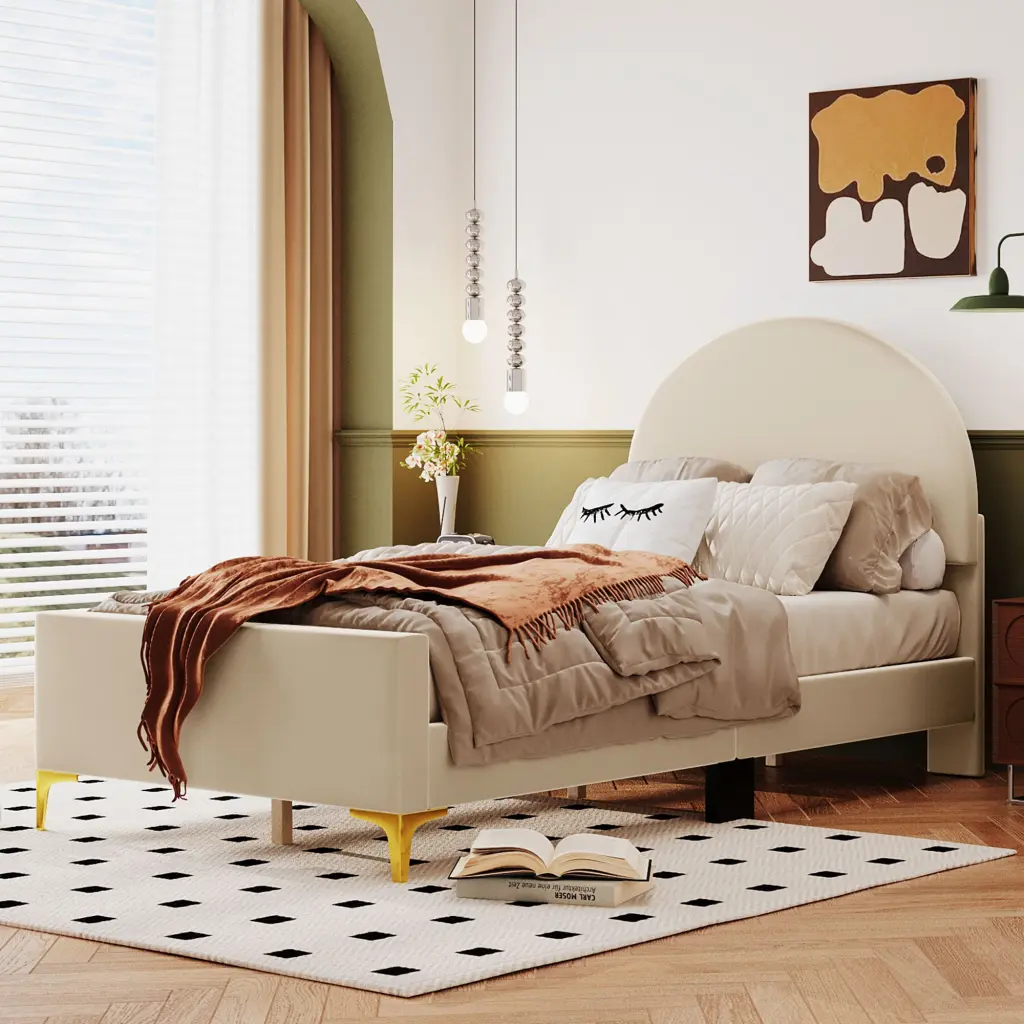 Twin Dimensions Upholstered Platform Bed Semi Circle Headboard lucky world