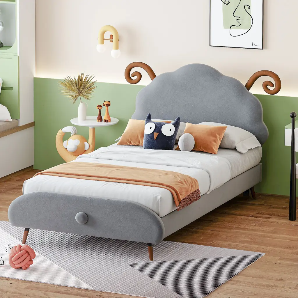 Twin Dimensions Upholstered Platform Bed Sheep Shaped Headboard Gray lucky world
