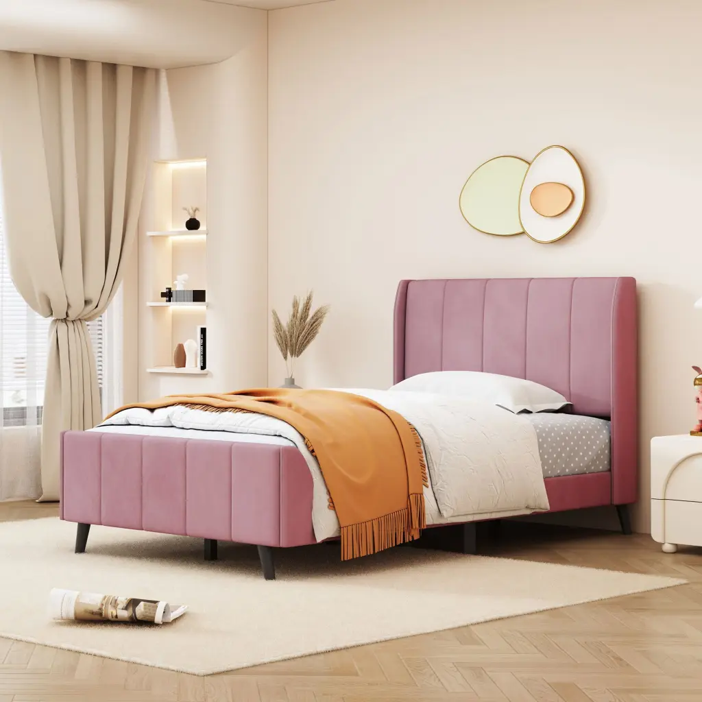 Twin Dimensions Upholstered Platform Bed Velvet Pink lucky world