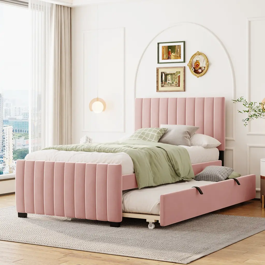 Twin Size Pink Velvet Upholstered Platform Bed Trundle Kids Teens lucky world