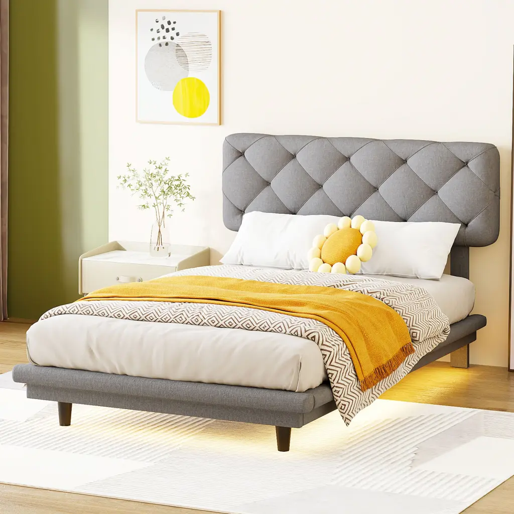 Twin Size Upholstered Bed Light Stripe Floating Platform Design lucky world