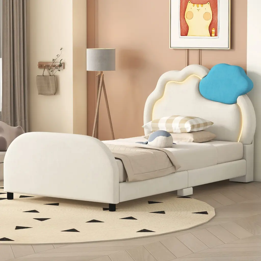 Twin Size Upholstered Platform Bed Cloud Headboard lucky world