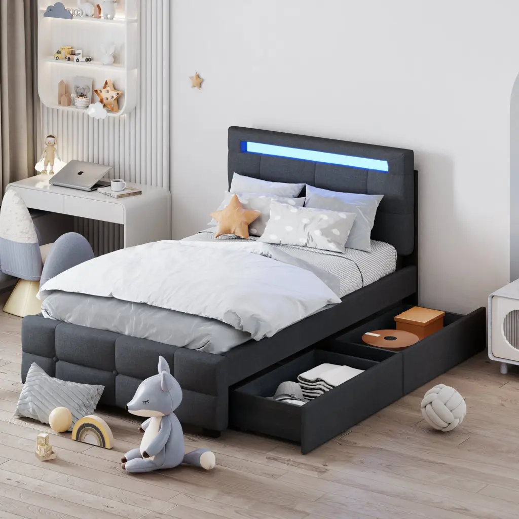 Twin Size Upholstered Platform Bed LED Frame and 2 Drawers Linen Fabric lucky world