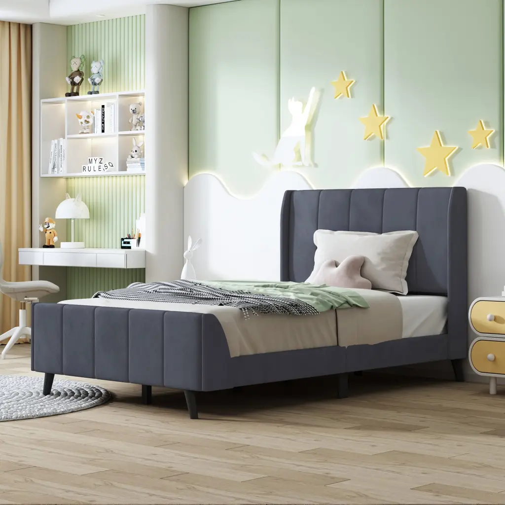 Twin Size Upholstered Platform Bed Velvet Gray Modern Design lucky world