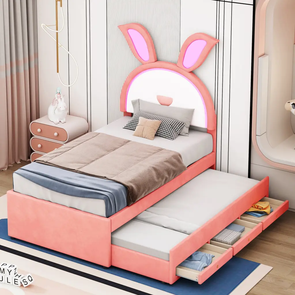 Twin Upholstered Platform Bed Trundle and 3 Drawers Rabbit Design lucky world