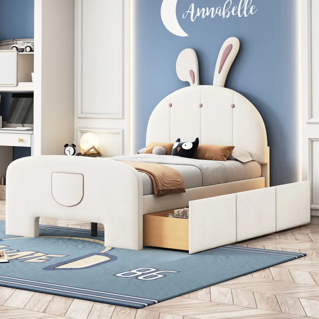 Twin Velvet Platform Bed Rabbit Influenced Headboard and Drawers lucky world