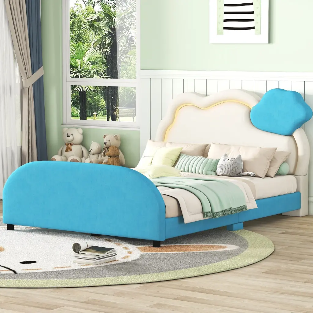 Upholstered Platform Bed Cloud-Inspired Headboard and Embossed Design lucky world