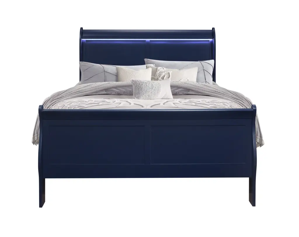 Charlston Blue Full Bed LED Blue Solid Timber MDF luxe modern furniture
